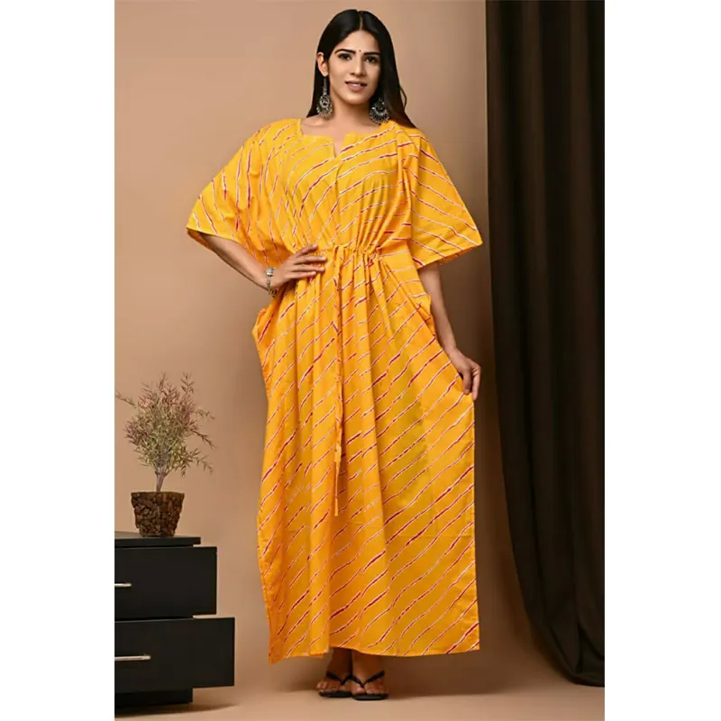 Cotton long kaftan dress (light yellow)