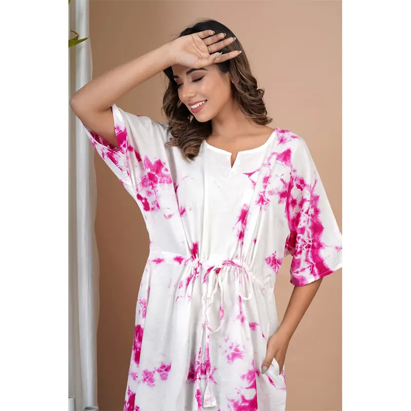 Cotton Long Night Dress (white & pink)