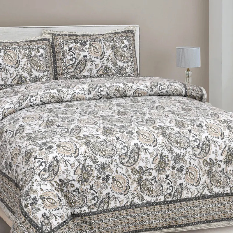Printed King Size Bedsheet (off white & olive green)