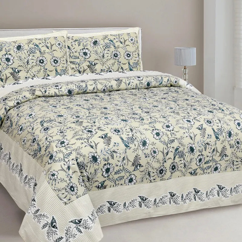 Printed King Size Bedsheet (cream & navy blue)