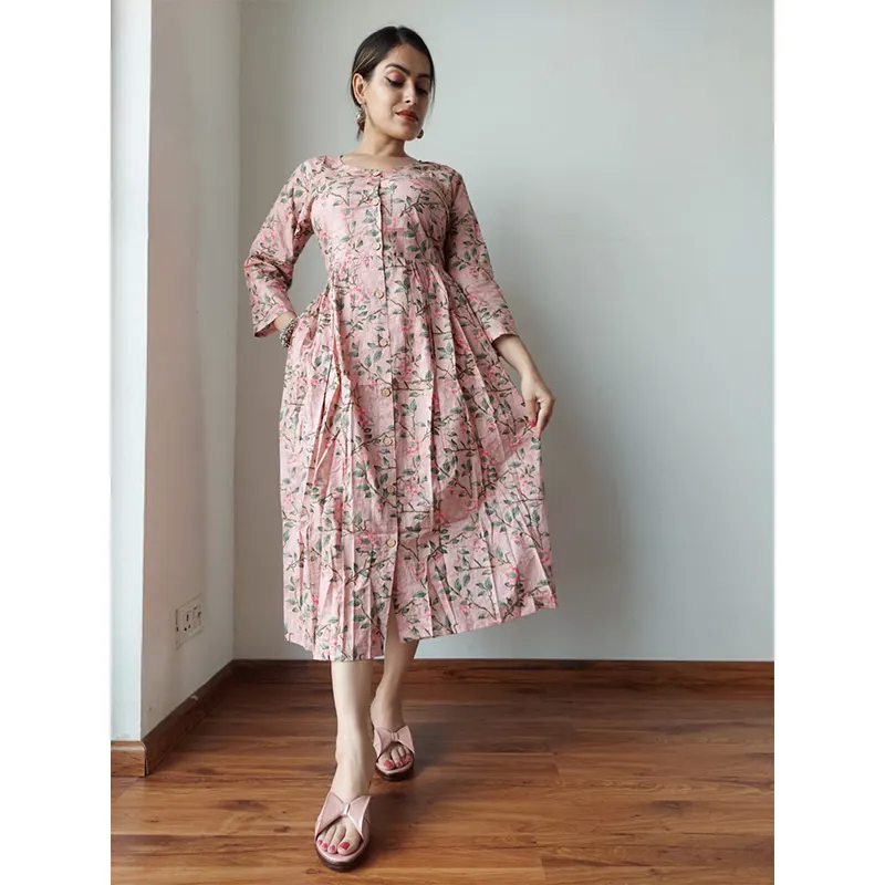 bagru printed one piece dress(light pink)