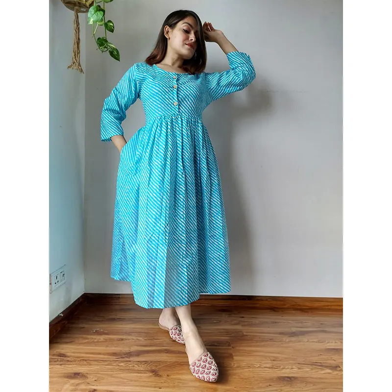 bagru printed one piece dress (light blue)