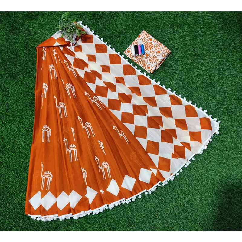 Hand block printed COTTON MULMUL sarees(orange)