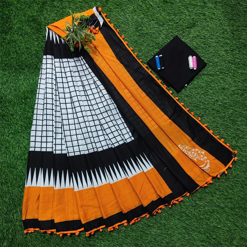 Hand block printed COTTON MULMUL sarees(white & orange)