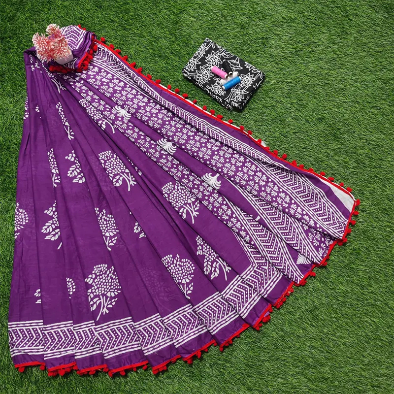 Hand block printed COTTON MULMUL sarees(violet)