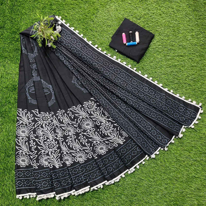 Hand block printed COTTON MULMUL sarees(black)