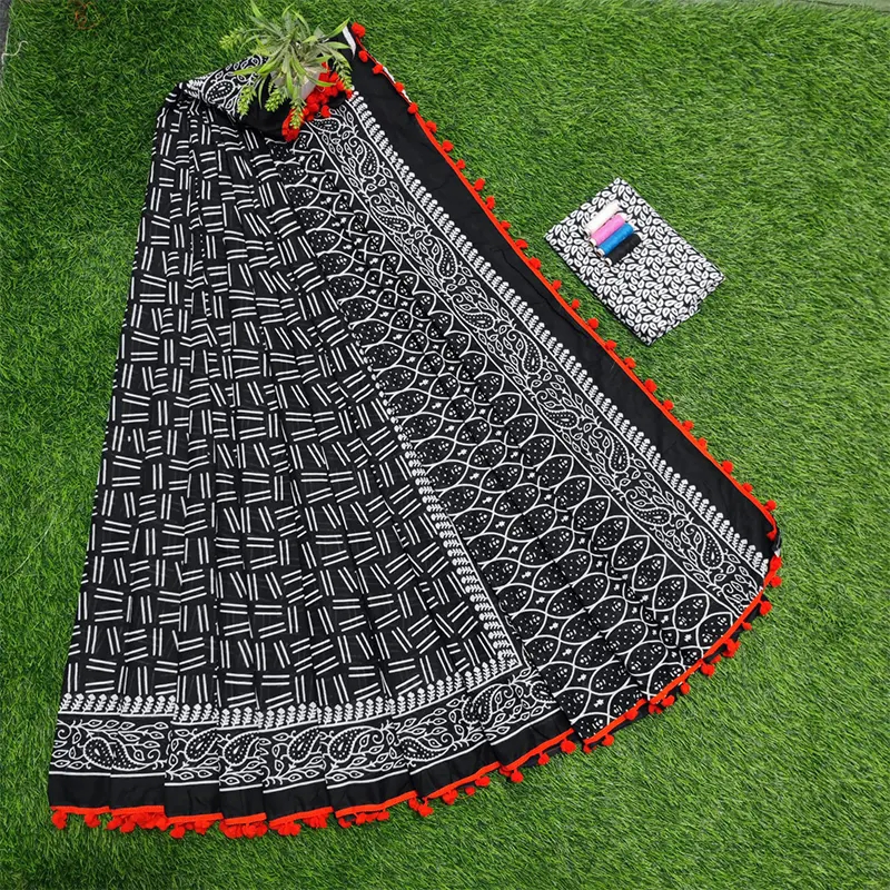Hand block printed COTTON MULMUL sarees(black & red)