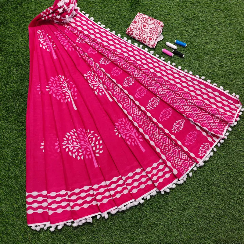 Hand block printed COTTON MULMUL sarees(dark pink)