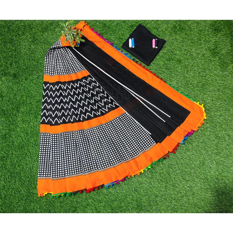 Hand block printed COTTON MULMUL sarees(light grey & orange)