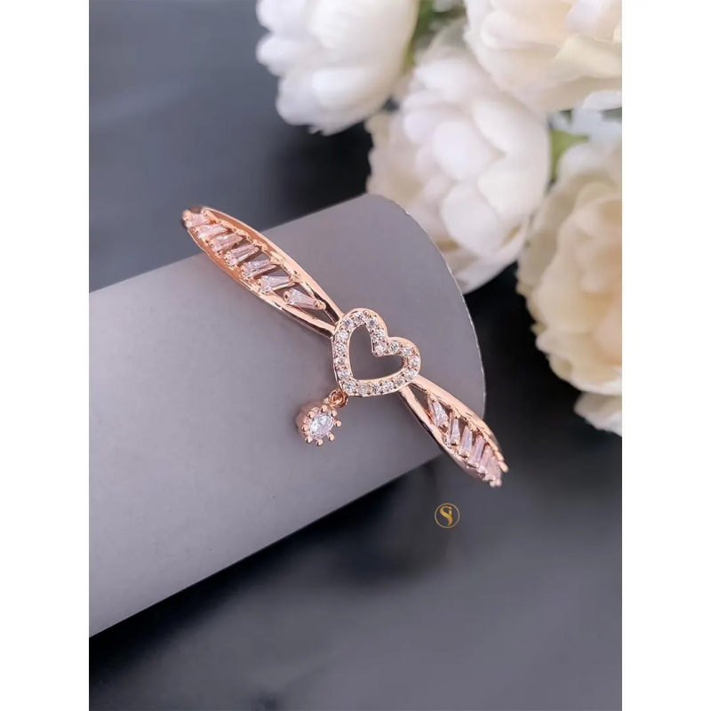 A D diamond rose gold kada with love design and dangling white stone